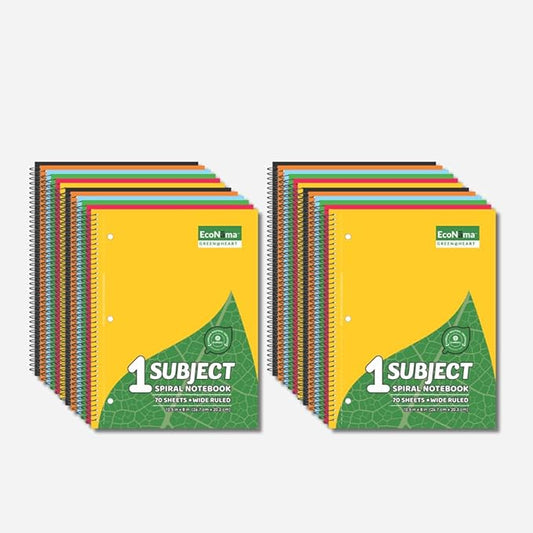 ECONAMA Subject Book Spiral Notebook Pack of 24 Wide Ruled 140 Pages (70 Sheets) 8" × 10.5" Perforated Carbon Neutral 3-Hole Punched Eco-Friendly School & Office Supply Assorted Colors
