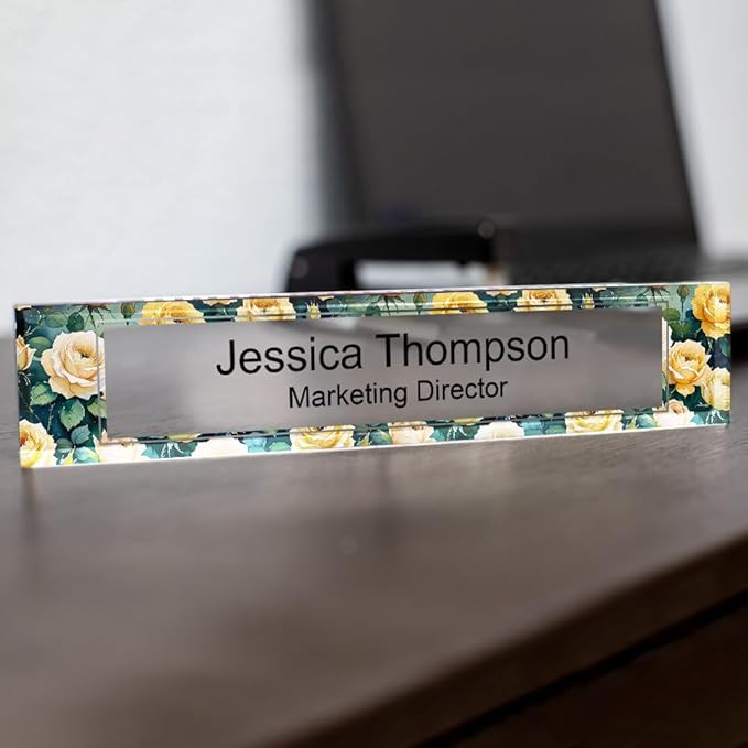 Signs ByLITA Floral Pattern Customized Nameplate | Golden Rose Personalized Full Color Acrylic Desk Sign