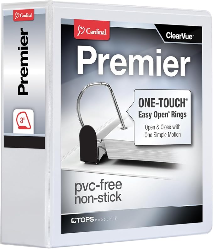 Cardinal 3 Ring Binder, Binders for School and Office, Durable 3 Inch Premier Easy Open Binder, ONE-Touch Locking Slant-D Rings, 650-Sheet Capacity, ClearVue Cover, PVC-Free, White (10330)
