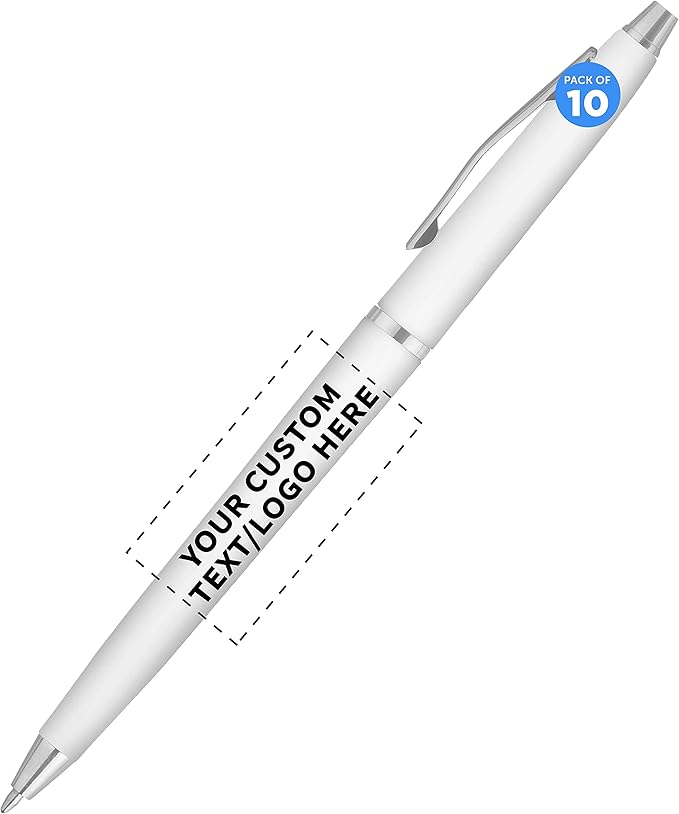 DISCOUNT PROMOS Custom Langham Ballpoint Ink Pen - Set of 10 Writing Pens for Work - Cool Pens for Writing, Black Ink, White