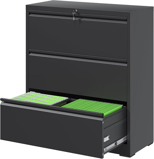 FLIXELIO 3 Drawer File Cabinet, Black Office Cabinets with Lock, Heavy Duty Metal Filing Cabinet for Home Office, Horizontal Lockable File Cabinet for Legal/Letter/A4 Size Files, Require Assembly