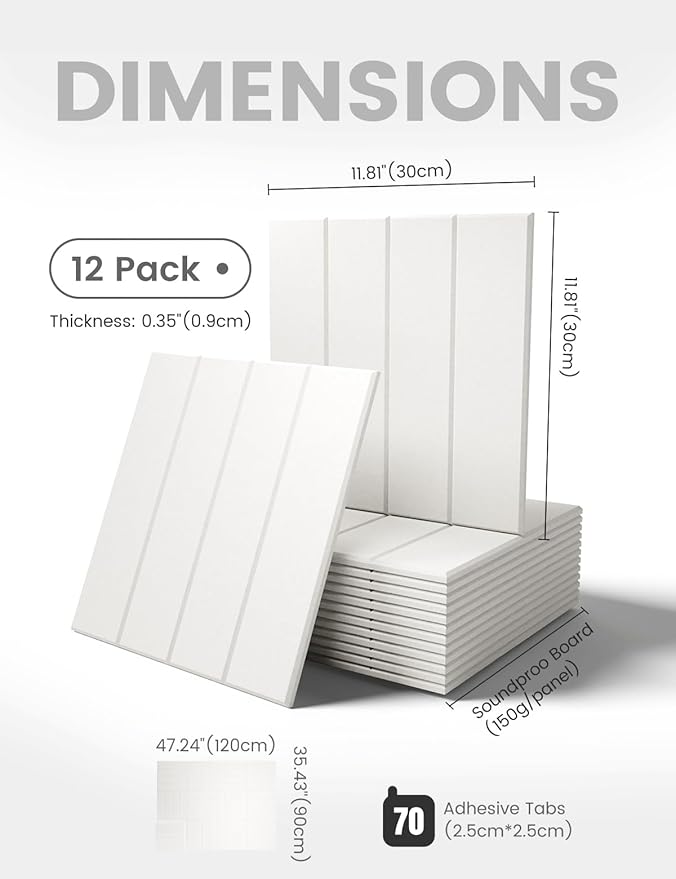 Fluxynara Felt Bulletin Board Tiles Large 48" x 36" Cork Board Alternative-12 Pack with 70 Adhesive Tabs, Thick Slat Wall Panels for Office Decor, Push Pin Board Wall Organizer Alternative-Milky White