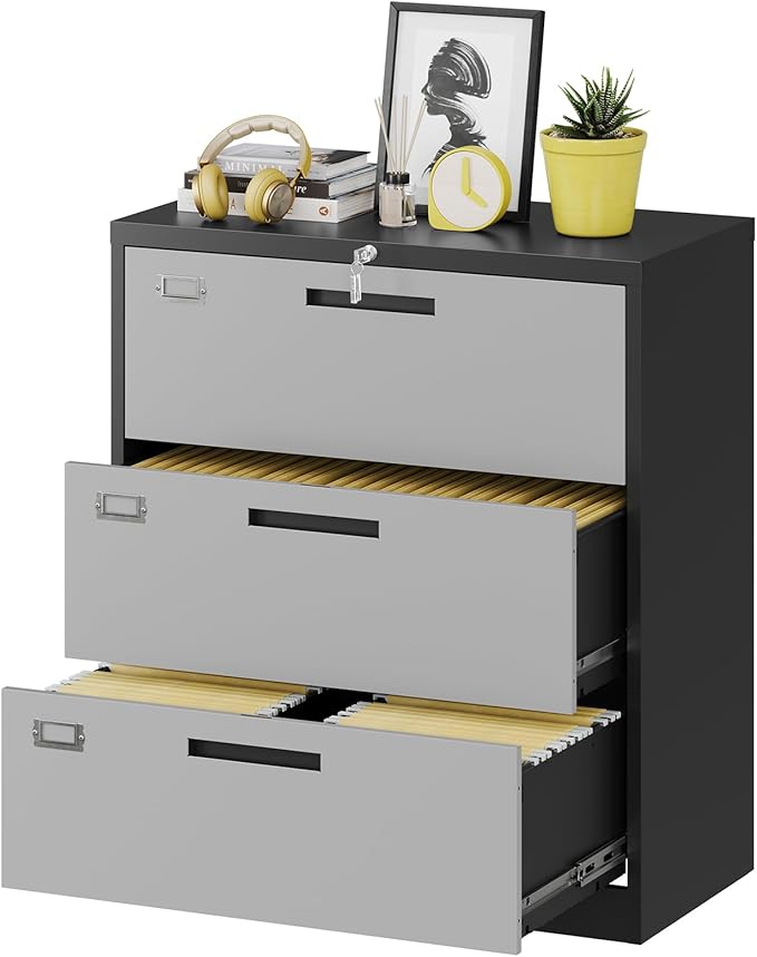 Fesbos 3 Drawer Lateral File Cabinet with Lock, Metal Steel Filling Cabinets for Home Office, Gray Lockable Storage Cabinet for Hanging Files Letter/Legal/F4/A4 Size-Assembly Required