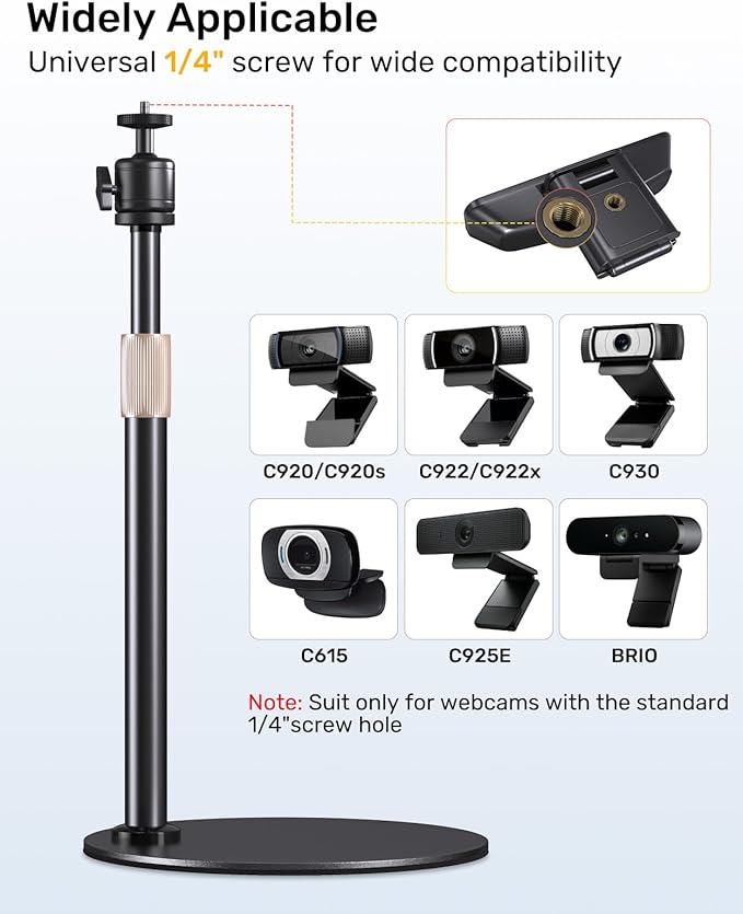 Webcam Tripod Stand for Desk Height Adjustable & 360° Swivel Webcam Mount Compatible with Logitech Webcam C922 C930e C920S C920 C615 C960 NexiGo N60 and BRIO and Other Devices with 1/4" Thread
