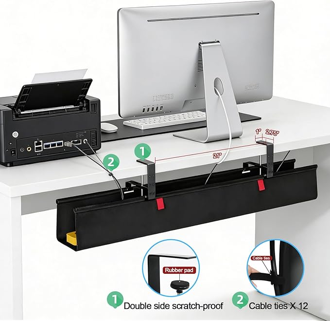Under Desk Cable Management Tray, 36" Cord Organizer for Table, Clamp/Screw Mount Desk Cable Management, Premium Fabric Cable Management Tray for Office, Home