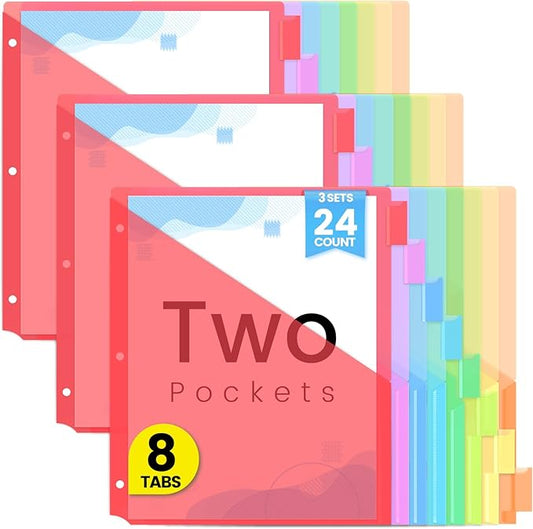 Sooez 24 Count Dividers with Pockets, 8 Tabs Binder Dividers for 3 Ring Binders, Binder Dividers with tabs, Binder Divider with Pockets for US Letter Size, Insertable Big Tabs, Red, Set of 3