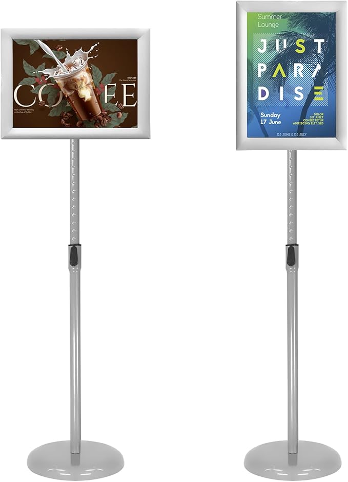 SENZHIYI Adjustable Poster Stand Holder Heavy Duty Snap Open Aluminum Pedestal Floor Standing Sign Holder Vertical and Horizontal View Sign Displayed 8.5x11 Silver（2pack