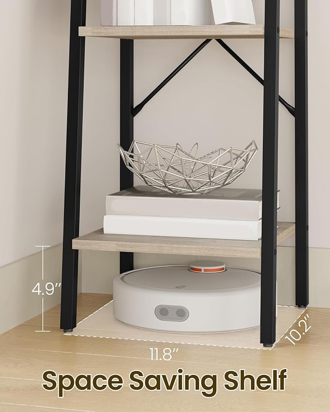 Hzuaneri Ladder Shelf, Bookshelf Bookcase, Freestanding Corner Storage Shelve with 2 Hooks for Home Office, Living Room, Kitchen, Bedroom, Industrial, 11.8" D x 13.4" W x 63" H, Greige BC03205B