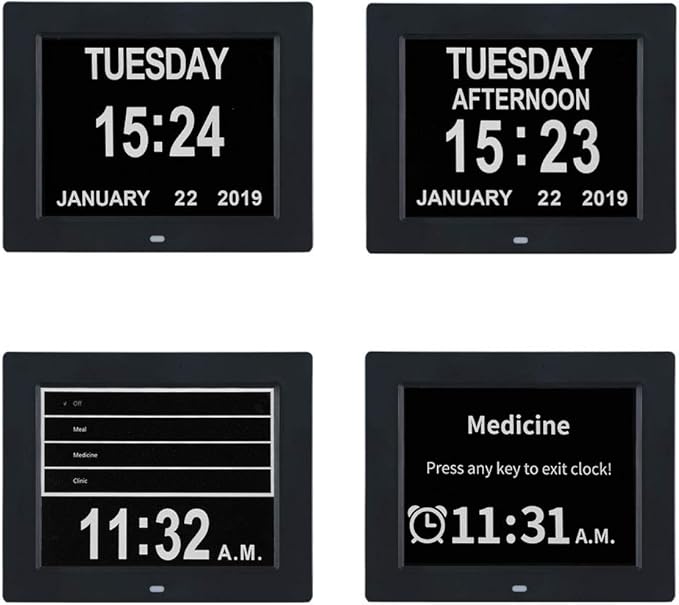 TMC 8 Inch Dementia Clock for Seniors – Large Auto-Dimming Calendar Display with Date & Time, Multi-Language Support, Medicine Reminders & Alarms – Wall or Desk Mount, Integrated Stand (Black, SD)