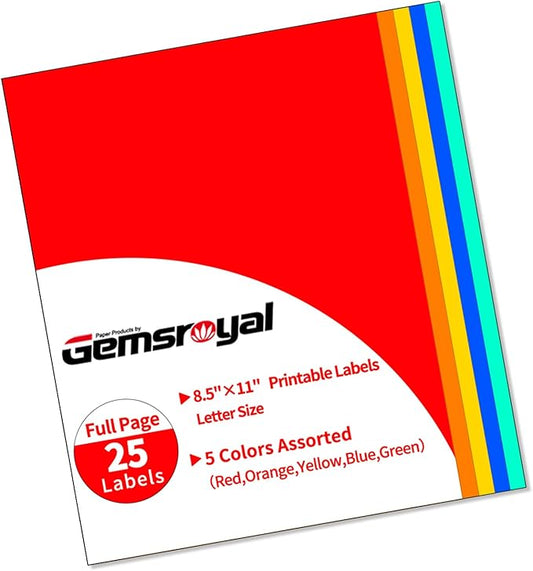 Gemsroyal Colored Full Sheet Shipping Labels Printable,8.5"×11" Full Page,5 Colors Assorted(Red,Orange,Yellow,Blue,Green),Color Neon Label Sticker Paper for Printer,Coloful Large Stickers Labels ﻿
