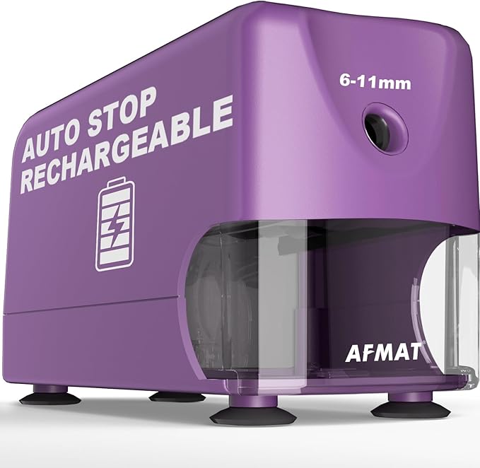 AFMAT Electric Pencil Sharpener Heavy Duty, Cordless & Rechargeable, Classroom Pencil Sharpener for 6-11mm No.2/Colored Pencils, Auto Stop, Fast Sharpen, Save Pencil, 10,000 Sharpenings, Purple, PSD3