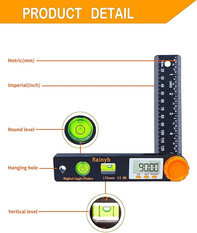 Rainyb Digital Angle Finder Tool 5 inch Pocket Protractor 0-360 degree LED Digital Protractor with Horizontal Bubble Levels and Ruler Meter Accurate Tool for Carpenters,Woodworkers,Fabricators（5 inch）