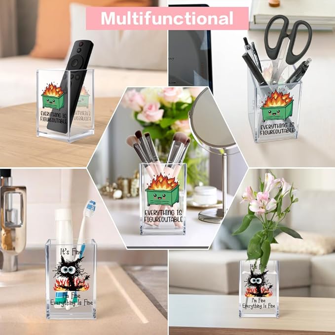 Vgrti Funny Black Cat 2 Pack Acrylic Cosmetic Pencil Pen Holder Cup, Emotional Dumpster Fire Pencil Pen Holder Cup, Cat Lover Gift for Women, Office Sarcastic Gifts for Women Men Colleague