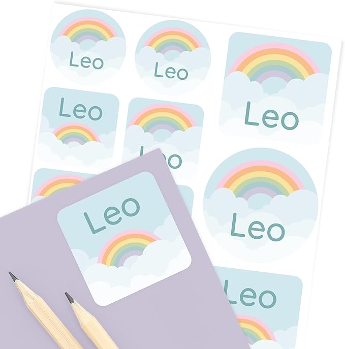 Large Name Labels for Kids (33) - Custom Stickers for Daycare and School Supplies - Durable, Waterproof Stickers for Water Bottles, Lunch Boxes, and More with Unique Designs - Rainbow
