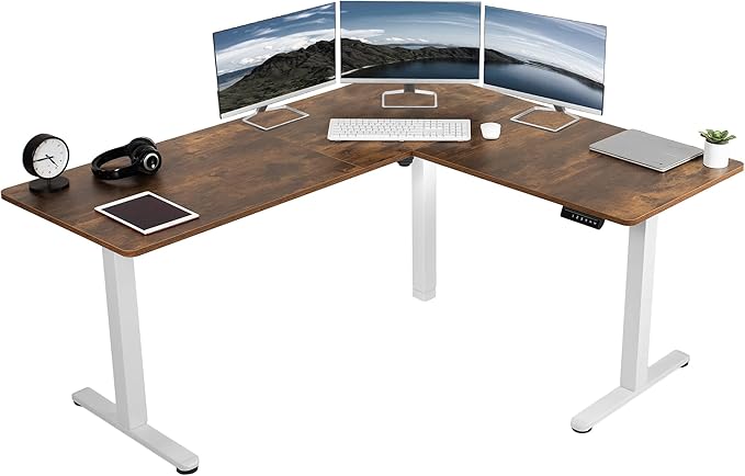 VIVO Electric Corner 63 x 55 inch L-Shaped Standing Desk, Memory Height Adjustment, Rustic Vintage Brown Top White Frame, DESK-E3CTWN