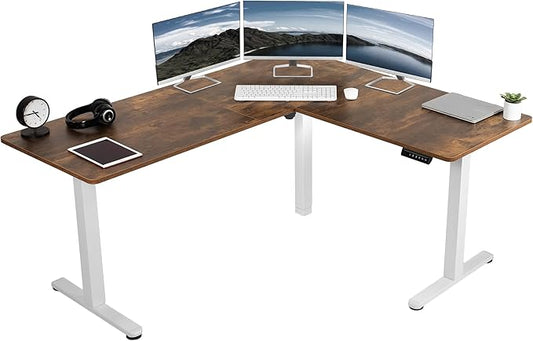 VIVO Electric Corner 63 x 55 inch L-Shaped Standing Desk, Memory Height Adjustment, Rustic Vintage Brown Top White Frame, DESK-E3CTWN