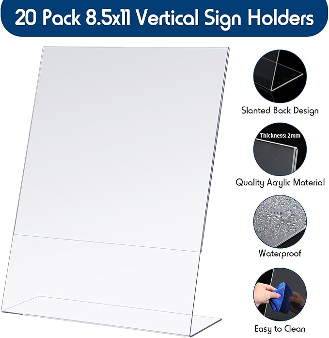 Jetec 20 Packs 8.5 x 11 Acrylic Sign Holder Clear Plastic Frames Acrylic Display Stands Vertical Slanted Back for Displaying Signs and Menus