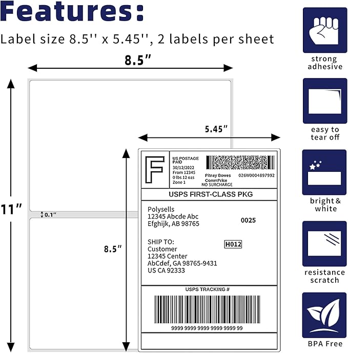 POLYSELLS Self Adhesive Address Shipping Labels, White Sticker FBA Labels (500 Sheets, 8.5" x 5.5" (2UP))