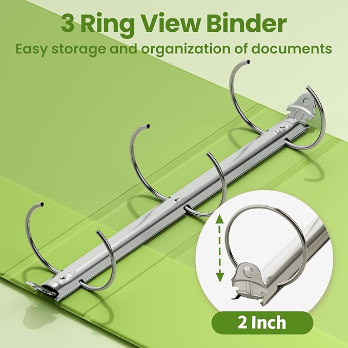 SUNEE 3 Ring Binder 2 Inch 1 Pack, Clear View Binder Three Ring PVC-Free (Fit 8.5x11 Inches) for School or Office Supplies, Tender Green