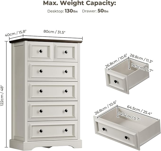 VVFLU Farmhouse 6 Drawer Dresser, 48" Tall White Dresser with Natural Texture & Metal Handles, Storage Drawer Chest for Bedroom, Living Room, Hallway, Vintage Design (Antique White)