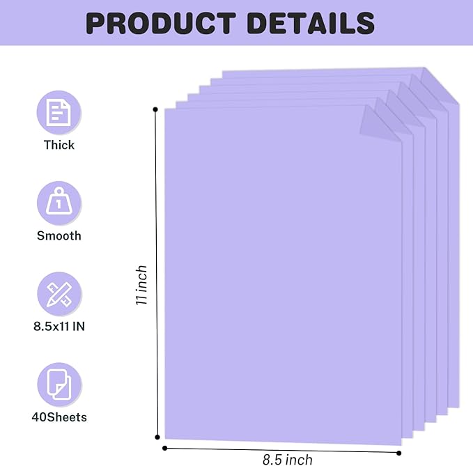Cardstock 8.5 X 11, 40 Sheets, Light Purple Card Stock, 75lb/ 200gsm Copy Paper, Cardstock Printer Paper For Art, Drawing, Invitations, DIY Cards, Craft, Construction, School & Office Supplies