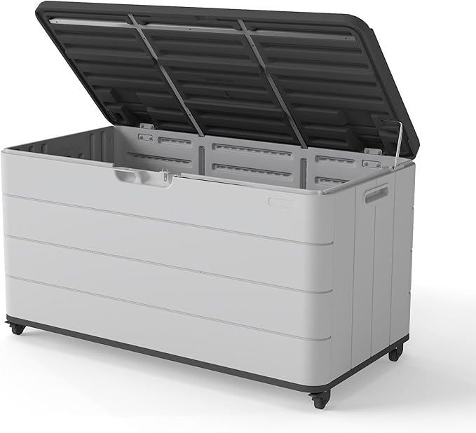 PATIOEASY 100GAL Square Storage Box (With Wheels) White，Waterproof Resin Storage Bin for Patio Cushions，Accessories，UV Resistan