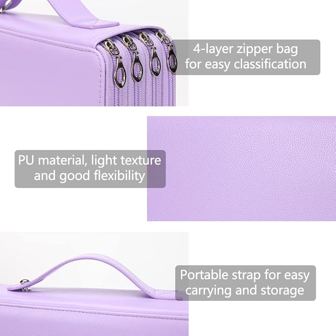 Vomgomfom Colored Pencil Holder - 200 Slot Deluxe PU Leather Pencil Case with Zipper Closure, Large Capacity for Watercolor Pens or Markers, Artist Organizer (Purple)