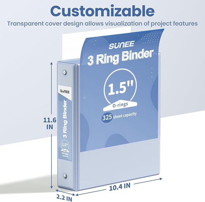 SUNEE 3 Ring Binder 1.5 Inch 1 Pack, Clear View Binder Three Ring PVC-Free (Fit 8.5x11 Inches) for School or Office Supplies, Haze Blue