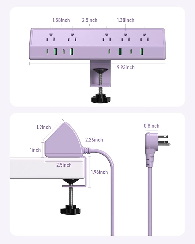 Jgstkcity Desk Clamp Power Strip,45W Fast Charging Station,4 USB-C,4 USB-A,1200J Surge Protector,ETL Listed,1875W Extension Cord,Multiple Outlets for Home, Office (Purple, 10 FT Cable)