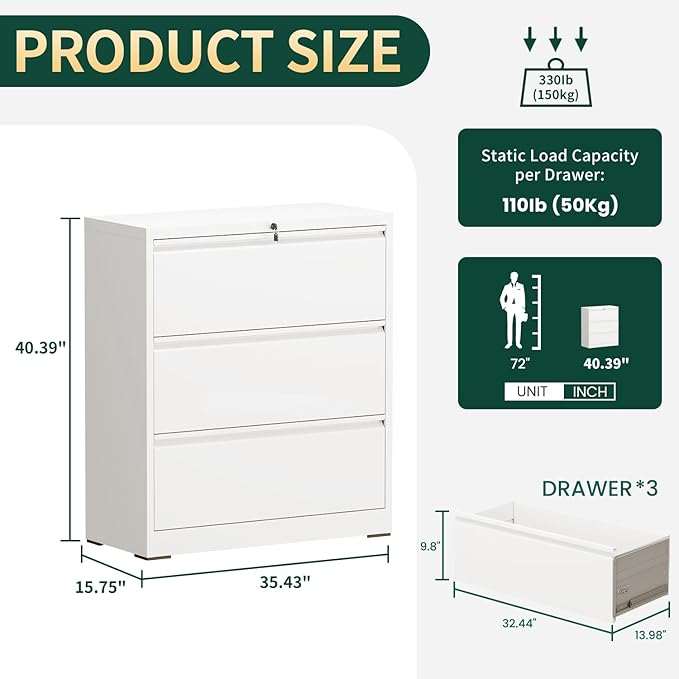 3 Drawer Lateral File Cabinet with Lock, Metal File Cabinets for Home Office, Office Furniture for Organization Hanging Legal/Letter/A4, Metal Filing Cabinet Storage Cabinet, Require Assembly, White