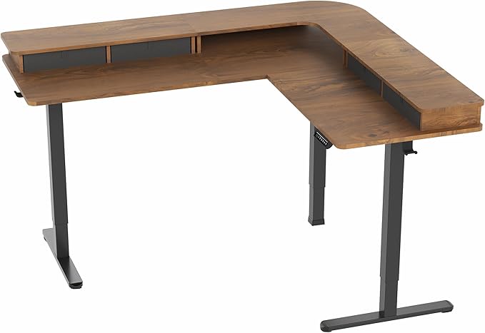 VIVO Electric 2-Tier Corner L-Shaped 63 x 55 inch Standing Desk, Height Adjustable, Memory Controller, Dark Walnut Top Black Frame, Black Drawers, DESK-E3CVD
