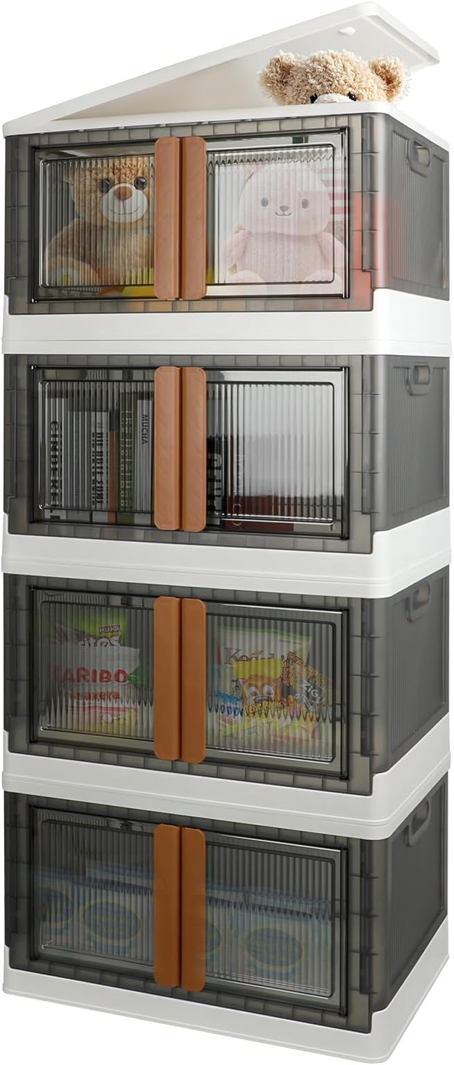 AssHMKIT Storage Bins, Extra Large Cabinet with Lids, 19 Gallon(72L) Capacity (Per One), 4 Packs, Useful Box with Door and Buckles, Foldable, Transparent, Excellent Home Organizers