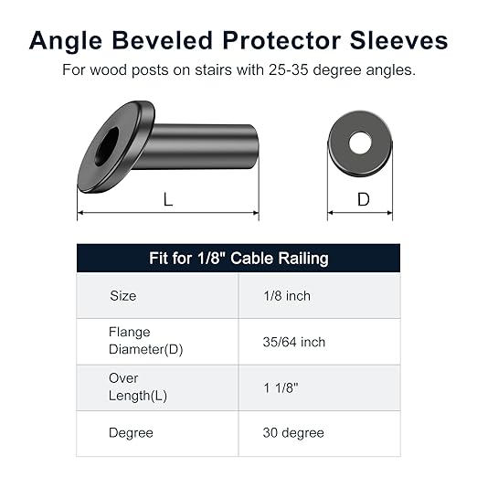 BLIKA 20 Pack 25 30 35 Degree 1/8" Black Cable Railing Angle Beveled Protector Sleeves, T316 Stainless Steel, Angle Protector Sleeves Deck Stair Cable Railing Hardware Kit for Wood Posts