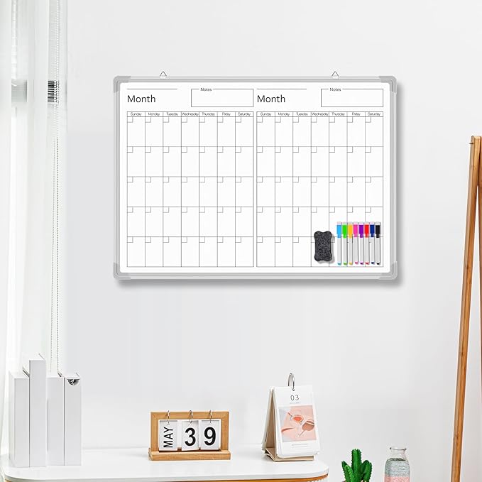 Lincia 36" x 12" Magnetic Horizontal 2 Month Dry Erase Calendar for Wall Undated Horizontal Dry Erase Wall Calendar Planner Aluminum Frame Whiteboard Calendar for Home Office Projects Wall Fridge