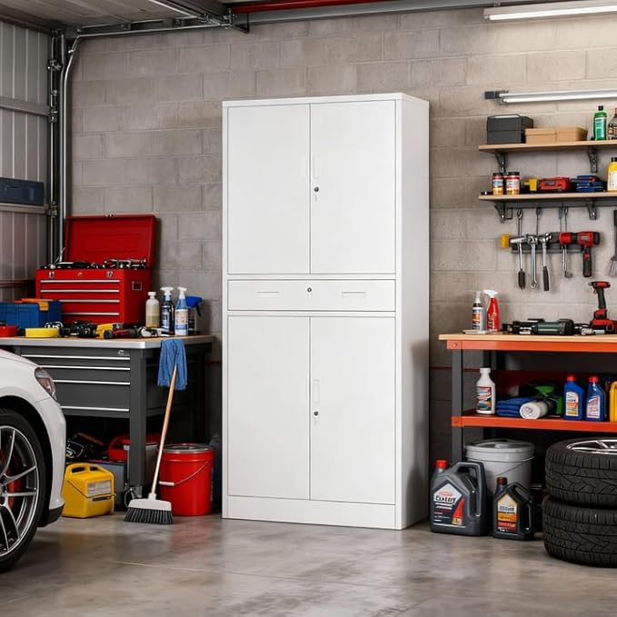 TaskStorz Metal Storage with 1 Drawer, 71" Cabinet with 4 Locking Doors and 2 Adjustable Shelves, Steel Storage File Cabinet for Pantry, Kitchen, Office, Garage (White)