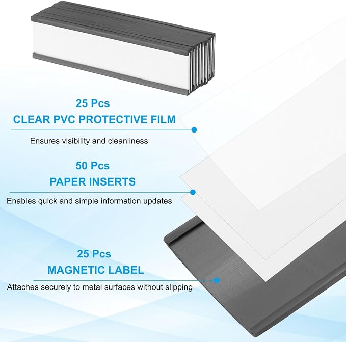PATIKIL Magnetic Label Holder 4" x 0.7" with Paper Inserts, 25 Pcs C Channel Magnetic File Cabinet Labels Shelf Data Card Holder Signs for Metal Racks Shelves Whiteboard Tool Box