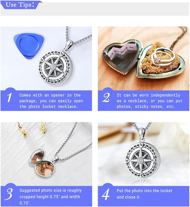 Compass Necklace for Women Men 925 Sterling Silver Pendant Urn Necklaces for Ashes Picture Locket Necklace Anchor Necklace Viking Necklace Crystals CZ Moonstone Abalone Shell Turquoise Compass Jewelry