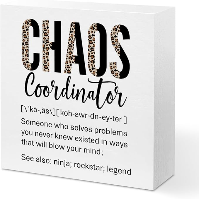 Funny Chaos Coordinator Gifts Office Decor, Leopard Chaos Coordinator Wooden Box Sign, Thank You Gifts, Home Farmhouse Table Shelf Desk Decor Accessories, Appreciation Gifts for Coworkers Colleague