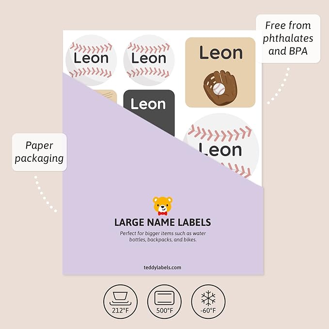 Large Name Labels for Kids (33) - Custom Stickers for Daycare and School Supplies - Durable, Waterproof Stickers for Water Bottles, Lunch Boxes, and More with Unique Designs - Baseball