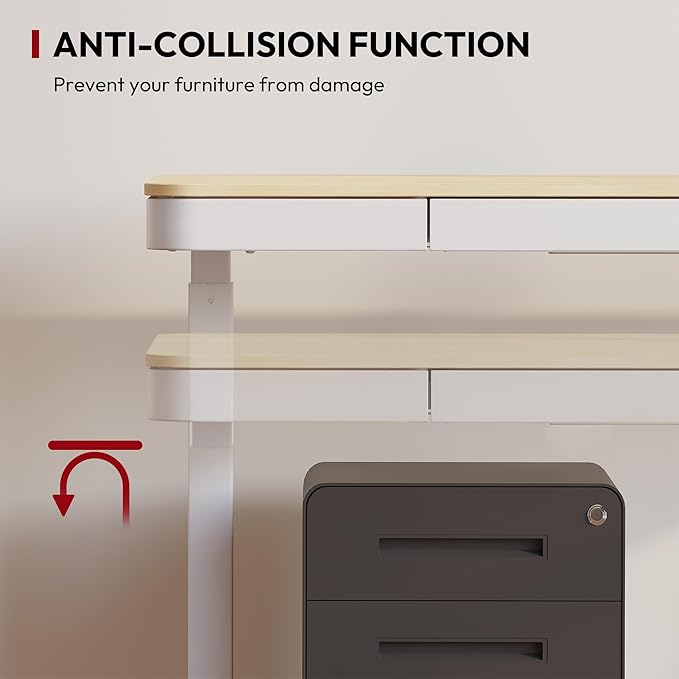 Standing Desk with Drawer, Electric Height Adjustable Home Office Desk with Storage & USB Ports, 48 inch Bamboo Texture Tabletop/White Frame