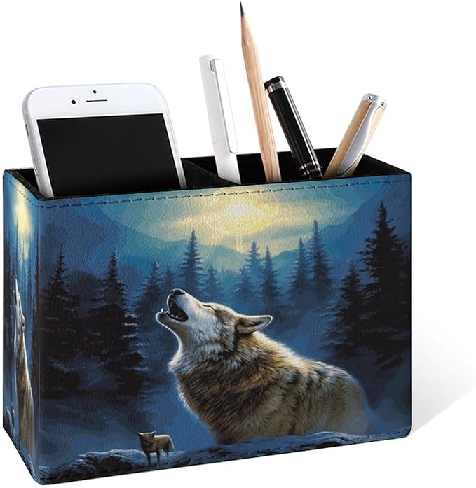 Famame 3D Animal Howling Wolf Moon Pencil Holder for Desk, Leather Desktop Container Pen Cup Storage Study Table Pen Organizer Makeup Brush Holder for Classroom Office Home