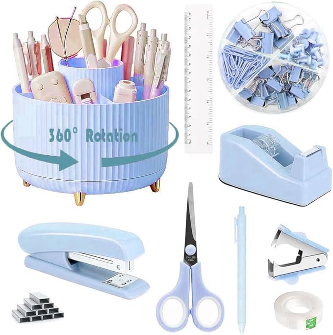 Gawsey Desk Organizers and Accessories Set with 360-Degree Rotating Pen Holder, Tape Dispenser, Stapler, Staple Remover, 1000 Staples, Tape, Clips Set, Ruler, Scissor, Pen