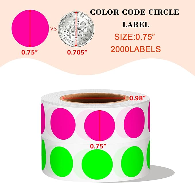 PARLAIM 2 Rolls 2000PCS 3/4" Round Circle Color-Code Dot Stickers,2 Color Style Colorful Coding Label Sticker for Home Office Classroom (Fluorescent Green+Fluorescent Pink)