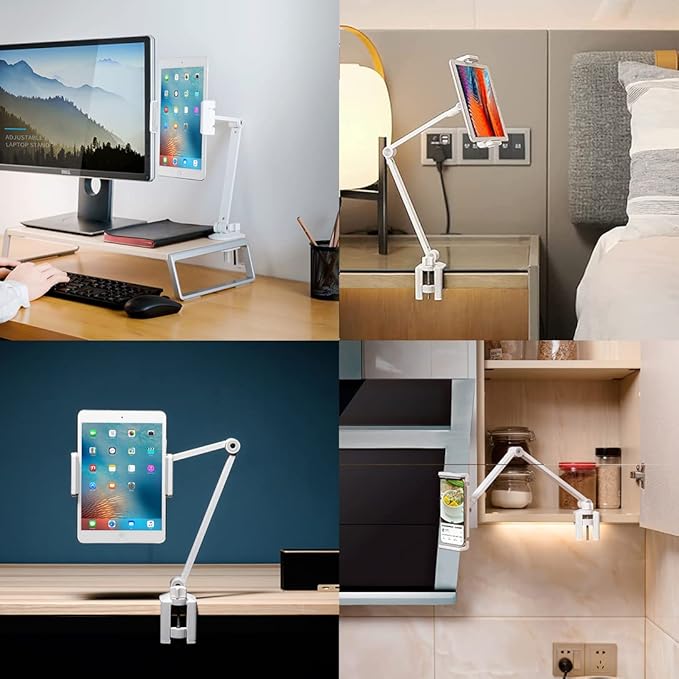 iPad Desk Mount, Adjustable Tablet Holder Clamp, 360 degree Rotation, Sturdy Aluminum Tablet Arm Mount for 4.7"-13" iPad Pro/Air/Mini, iPhone, Galaxy Tab, for Kitchen, Work, Video Call(White)