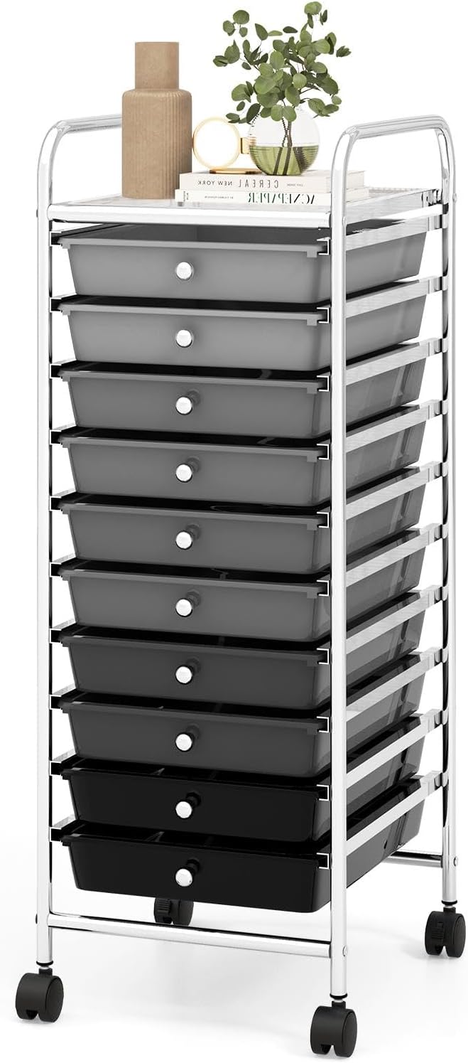 GLACER 10 Drawers Rolling Cart, Storage Cart with w/Removable Drawers & Steel Frame, Utility Mobile Trolley w/Universal Casters & 2 Brakes, Organizer Cart for Home, School, Office (Gradient Grey)