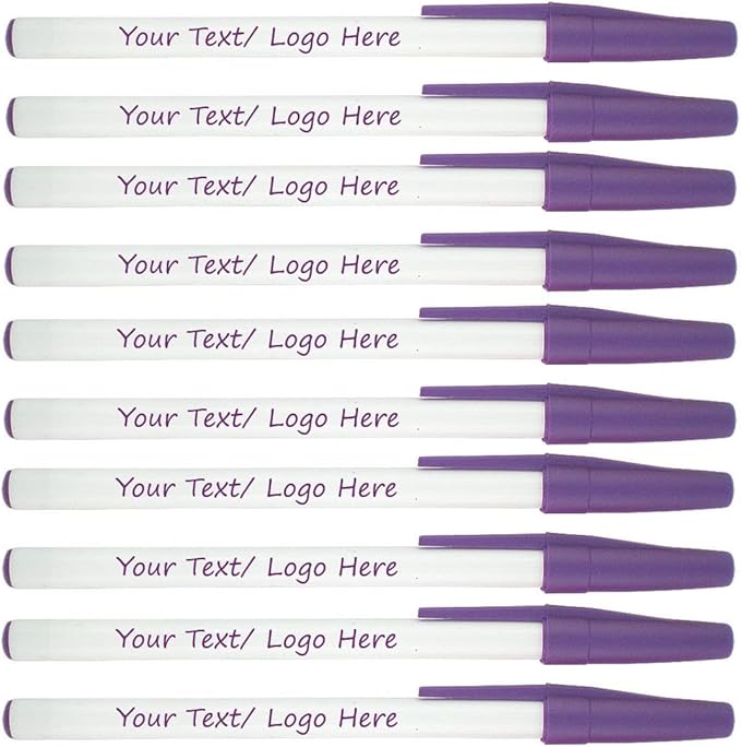 SyPen Personalized Stick Pens With your Custom Logo or Text-500 Pack Bulk-for Businesses, Parties, and Events, Custom Printed Slim Ballpoint Pens with Cap, Purple, Black Ink