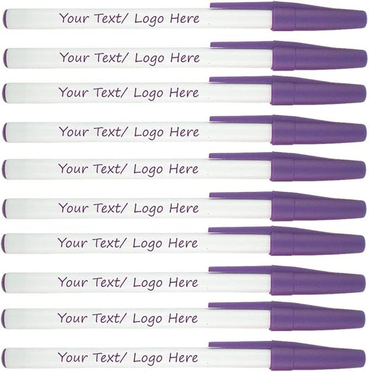 SyPen Personalized Stick Pens With your Custom Logo or Text-500 Pack Bulk-for Businesses, Parties, and Events, Custom Printed Slim Ballpoint Pens with Cap, Purple, Black Ink