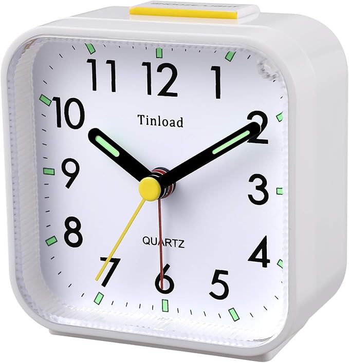 Tinload Small Battery Operated Analog Travel Alarm Clock Silent Non Ticking, Gentle Wake, Ascending Beep Sounds, Snooze,Lighted on Demand, Easy Set(White)
