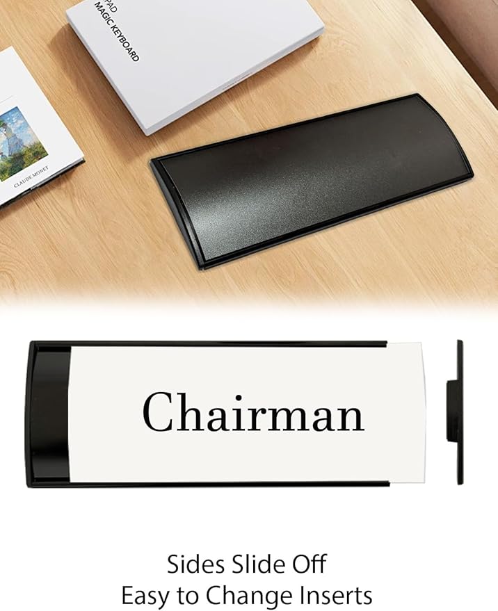 Set of 2 Curved Name Plate Holder for Doors 8" x 3" Wall Mount Office Business Door Sign Holder Aluminum Sign Frame with Adhesive Tape Plastic Film for Office Business Display(Black)