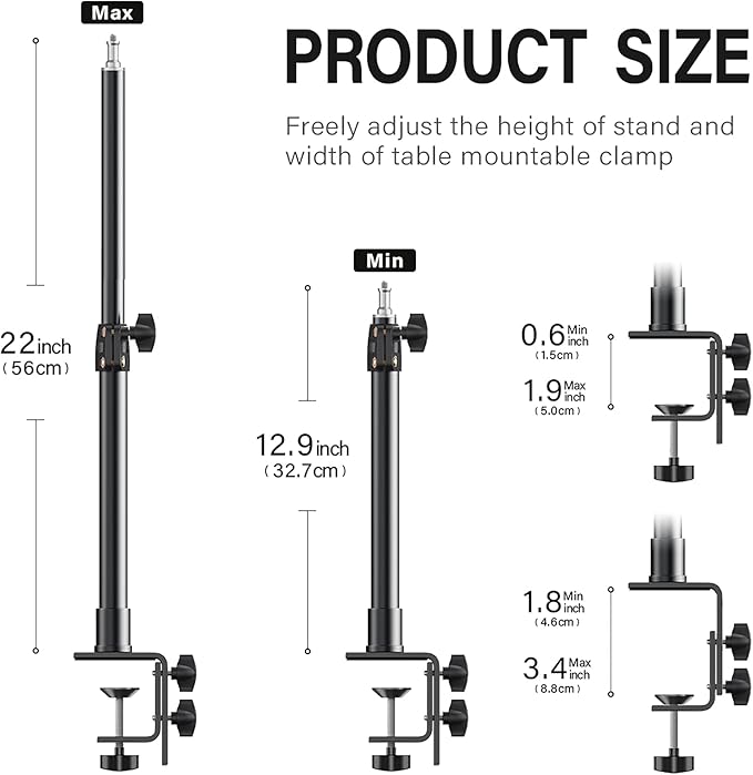 Dazzne 2-Pack Camera Desk Mount Stand with 1/4" Ball Head and Cold Shoe Mount Adapter,12.9-22" Tabletop Mounts Stand, Adjustable Aluminum Desktop Light Stand, for DSLR Camera, Ring Light, Video Light